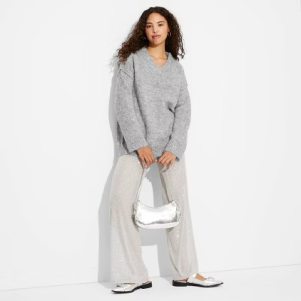 Women’s Wild Fable Grey V neck Pullover sweater + Sequin sheer pants S
